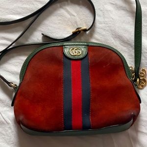 GUCCI Suede Patent Web GG Small Ophidia Dome Shoulder Bag in Red